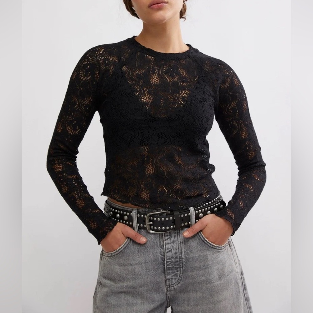 Free People Black Lace Long Sleeve Top